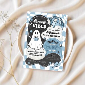 Editable spooky vibes cute boy ghost 2nd birthday party invitation retro groovy ghost halloween party instant download tx3 1