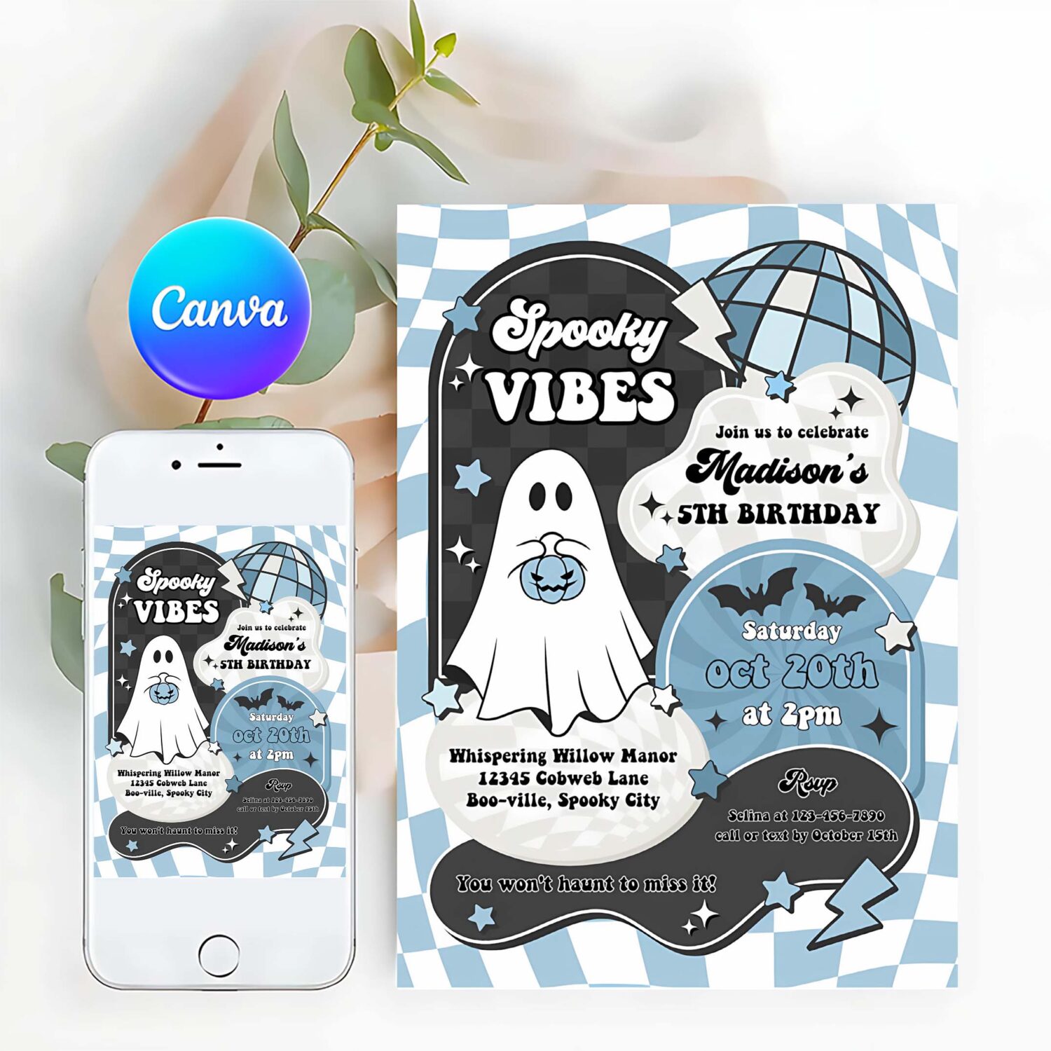 Editable spooky vibes cute boy ghost 2nd birthday party invitation retro groovy ghost halloween party instant download tx3
