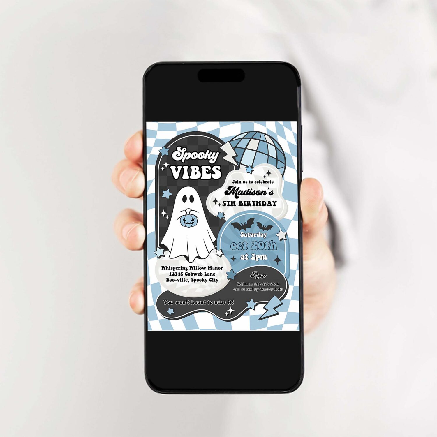 Editable spooky vibes cute boy ghost 2nd birthday party invitation retro groovy ghost halloween party instant download tx3 2