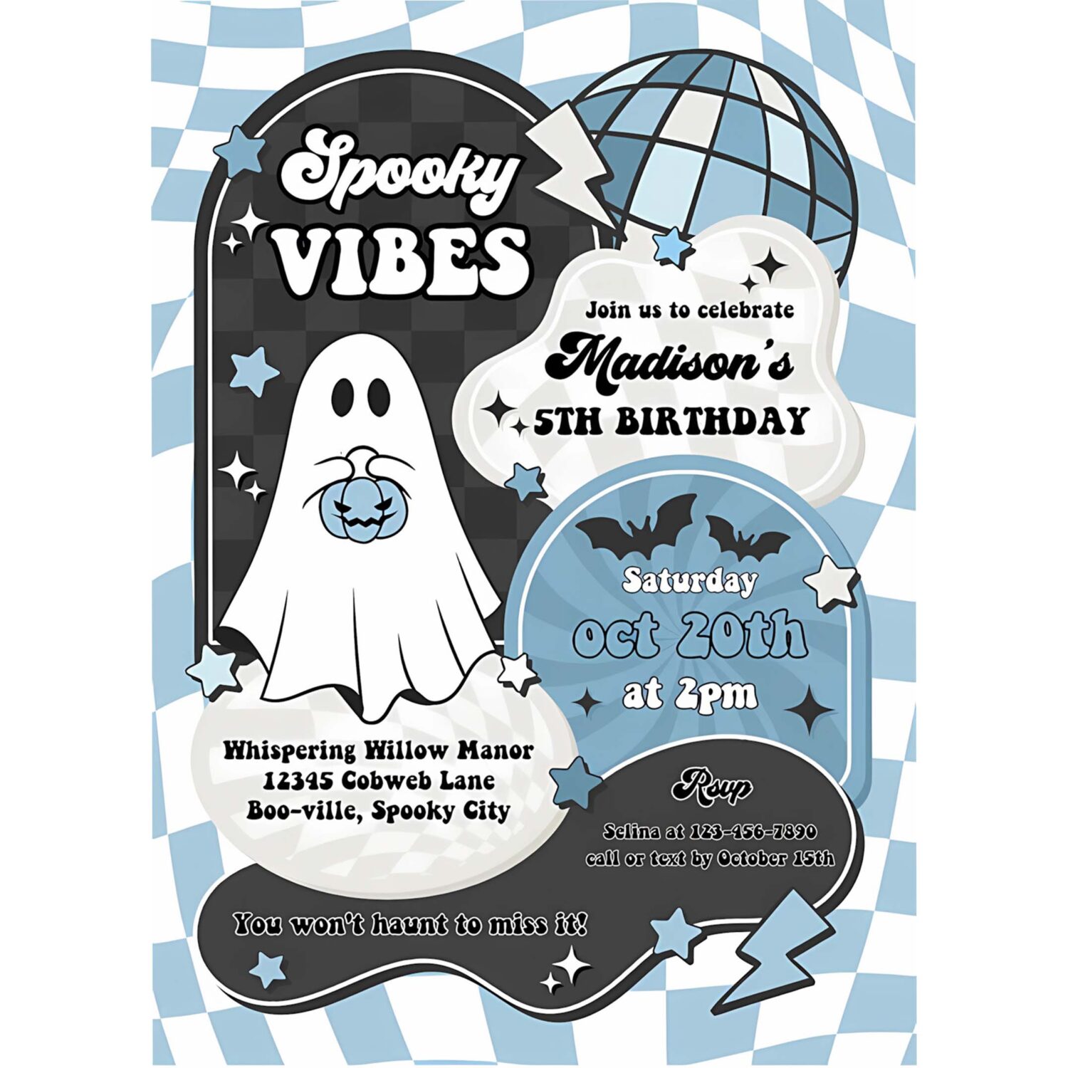Editable spooky vibes cute boy ghost 2nd birthday party invitation retro groovy ghost halloween party instant download tx3 4