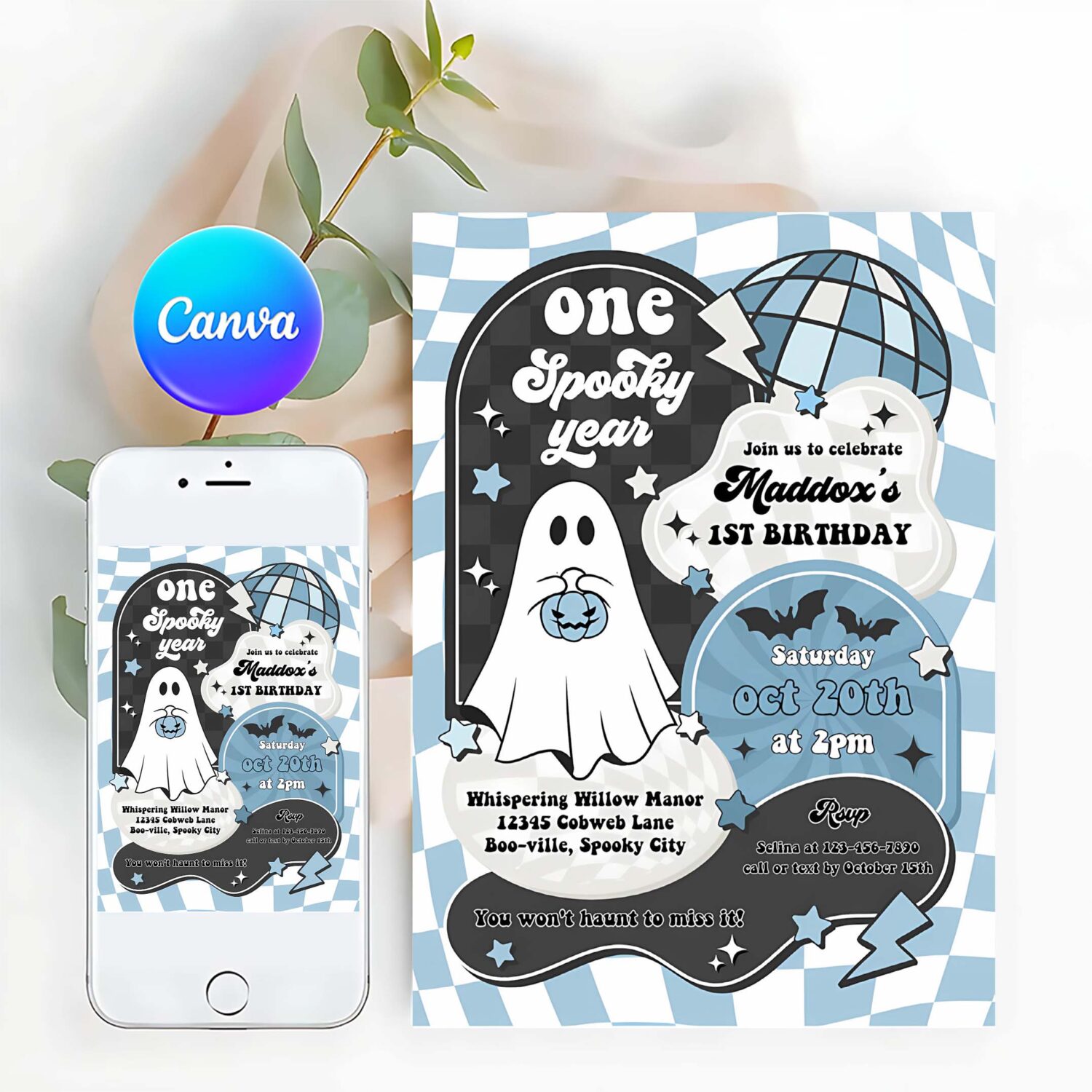 Editable spooky vibes cute boy halloween ghost 2nd birthday party invitation retro groovy ghost halloween party instant download tx3