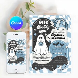 Spooky Vibes Invitation, Spooky Vibes Cute Boy Halloween Ghost 2nd Birthday Party Invitation Retro Groovy Ghost Halloween Party