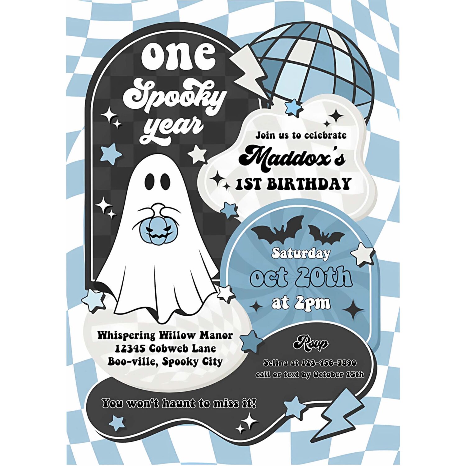 Editable spooky vibes cute boy halloween ghost 2nd birthday party invitation retro groovy ghost halloween party instant download tx3 4