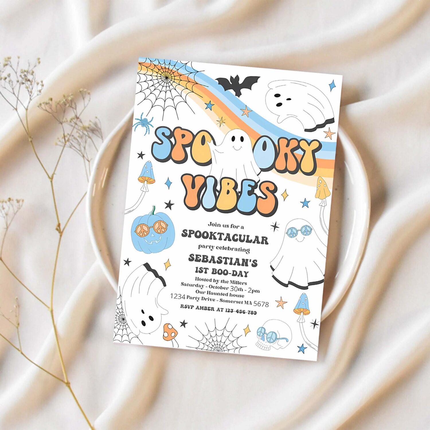 Editable spooky vibes cute halloween ghost 1st birthday invitation retro groovy ghost birthday hippie halloween party instant download vaq 1