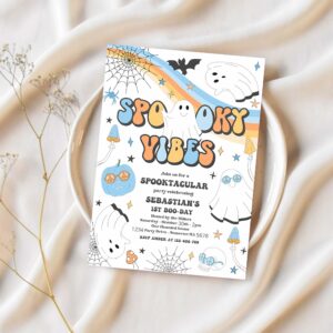 Editable spooky vibes cute halloween ghost 1st birthday invitation retro groovy ghost birthday hippie halloween party instant download vaq 1