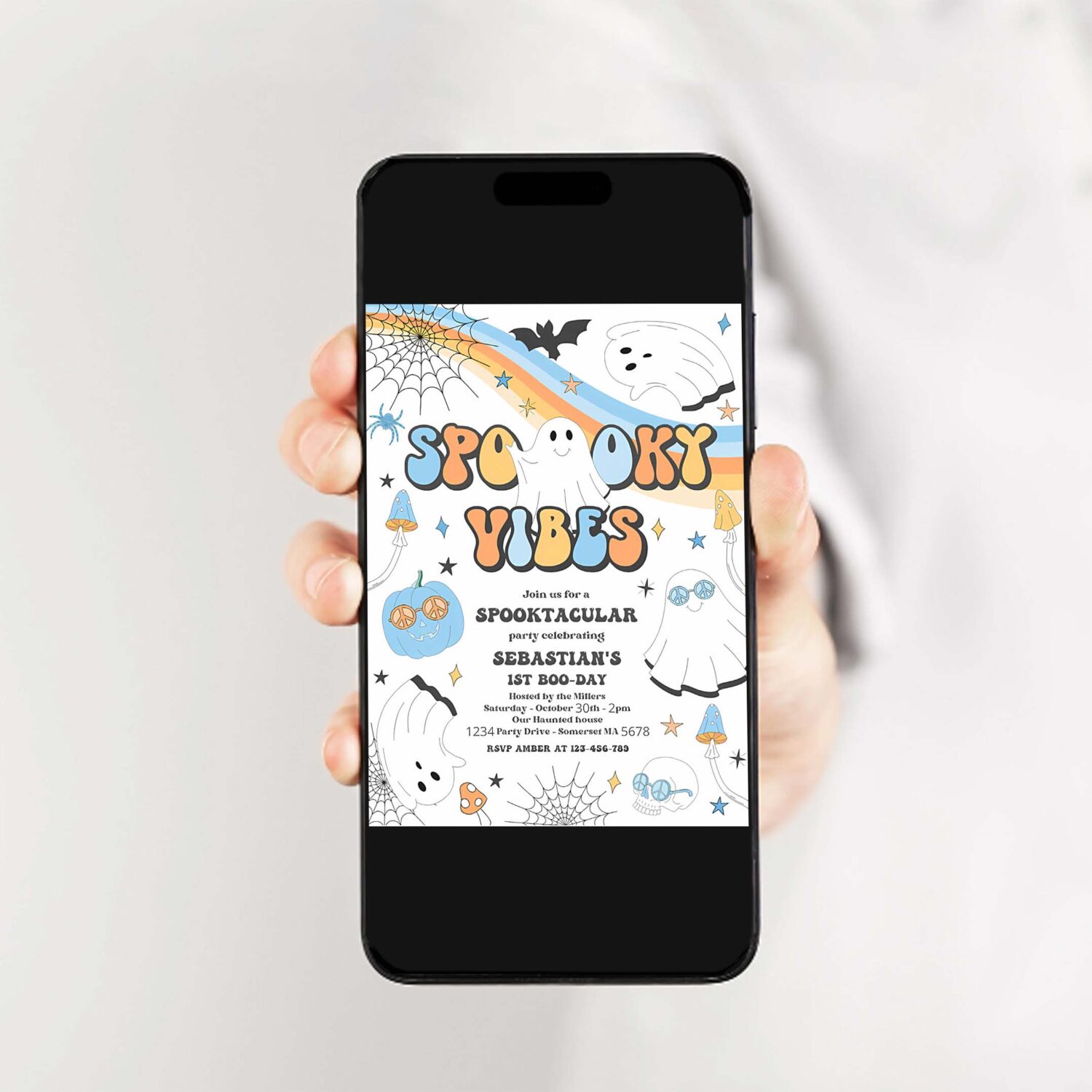 Editable spooky vibes cute halloween ghost 1st birthday invitation retro groovy ghost birthday hippie halloween party instant download vaq 2