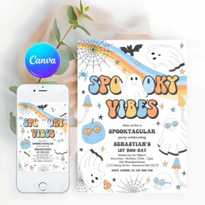 Spooky Vibes Invitation, Spooky Vibes Cute Halloween Ghost 1st Birthday Invitation Retro Groovy Ghost Birthday Hippie Halloween Party