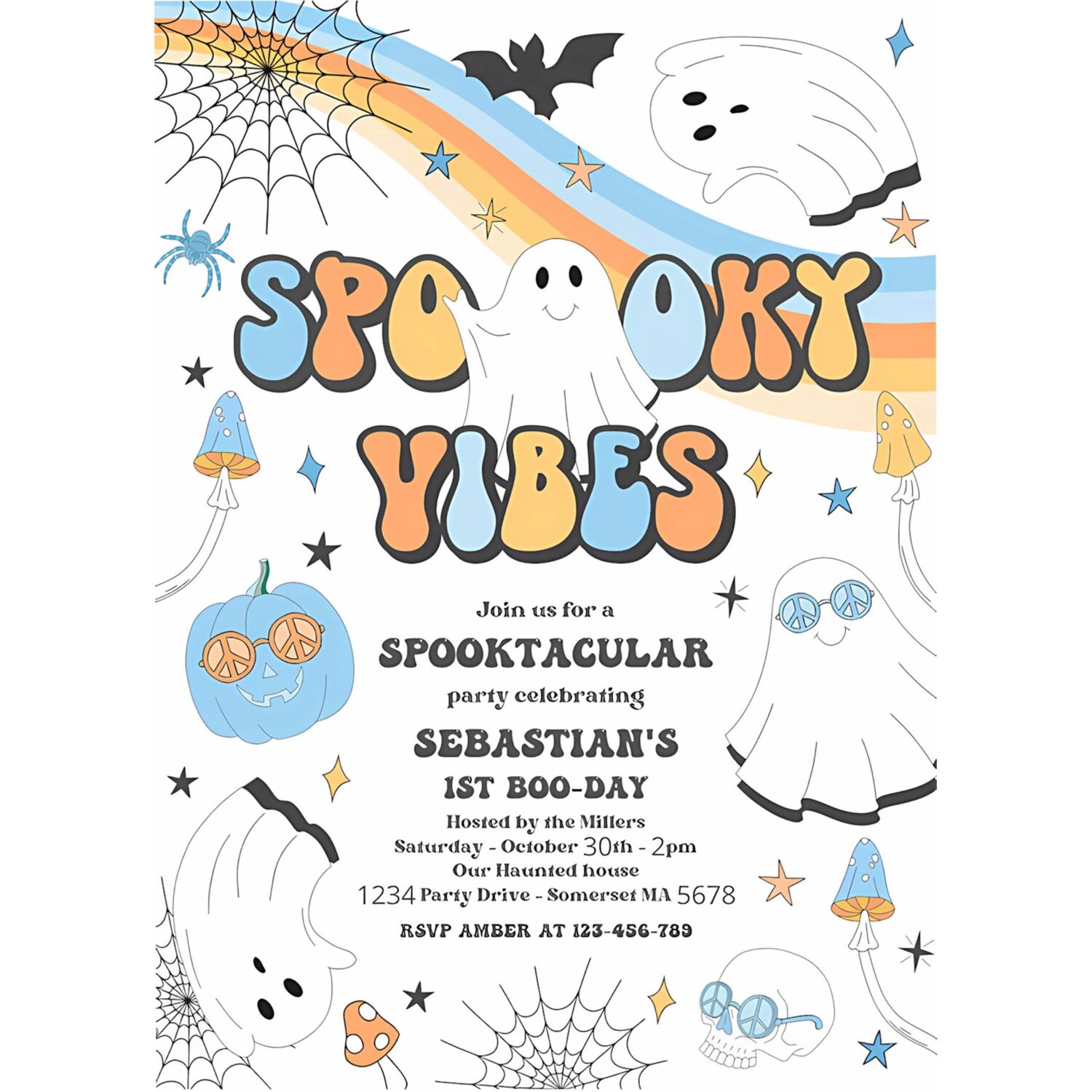 Editable spooky vibes cute halloween ghost 1st birthday invitation retro groovy ghost birthday hippie halloween party instant download vaq 4