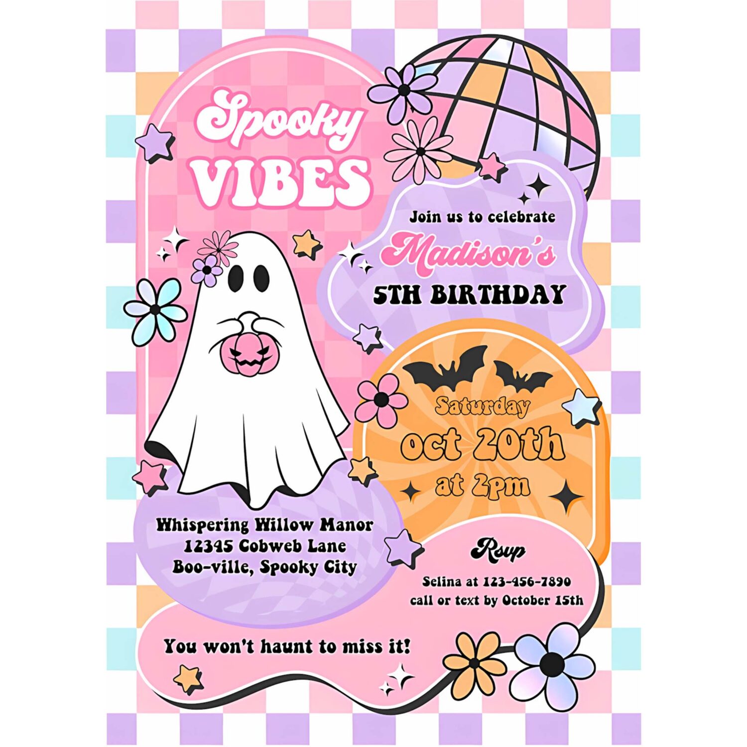 Editable spooky vibes cute pink halloween ghost 2nd birthday party invitation retro groovy ghost halloween party instant download tx4 4