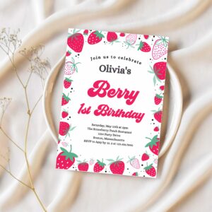 Editable strawberry 1st birthday invitation berry first birthday invitation summer berries 1st birthday berry sweet 1