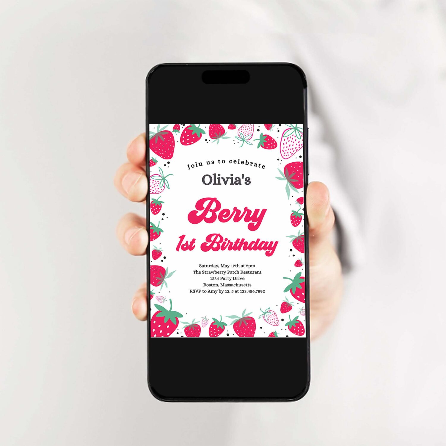 Editable strawberry 1st birthday invitation berry first birthday invitation summer berries 1st birthday berry sweet 2