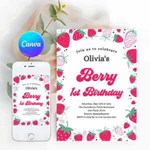 Strawberry Invitation, Strawberry 1st Birthday, Birthday Invitation