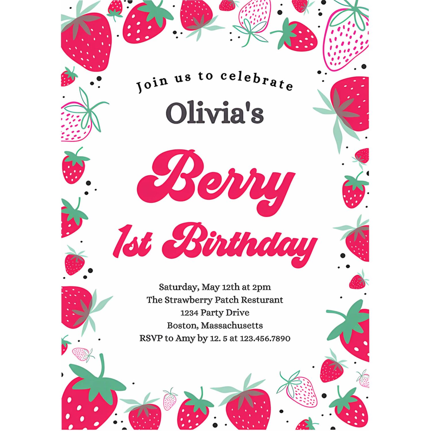 Editable strawberry 1st birthday invitation berry first birthday invitation summer berries 1st birthday berry sweet 4
