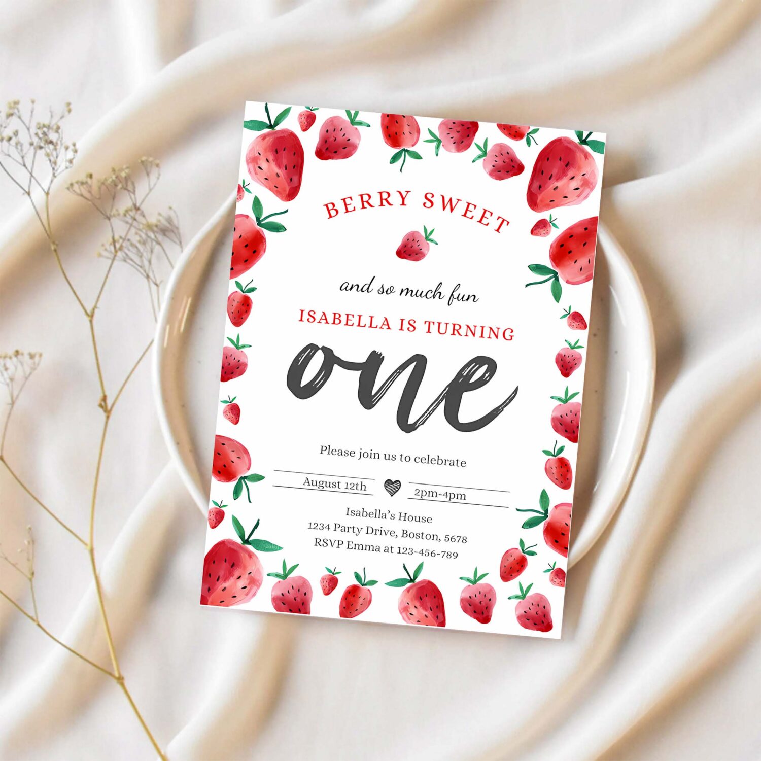 Editable strawberry 1st birthday invitation berry sweet 1st birthday invitation summer fruit berries 1st birthday party 1