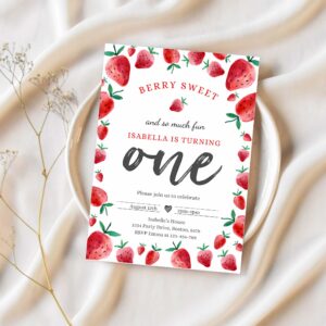 Editable strawberry 1st birthday invitation berry sweet 1st birthday invitation summer fruit berries 1st birthday party 1