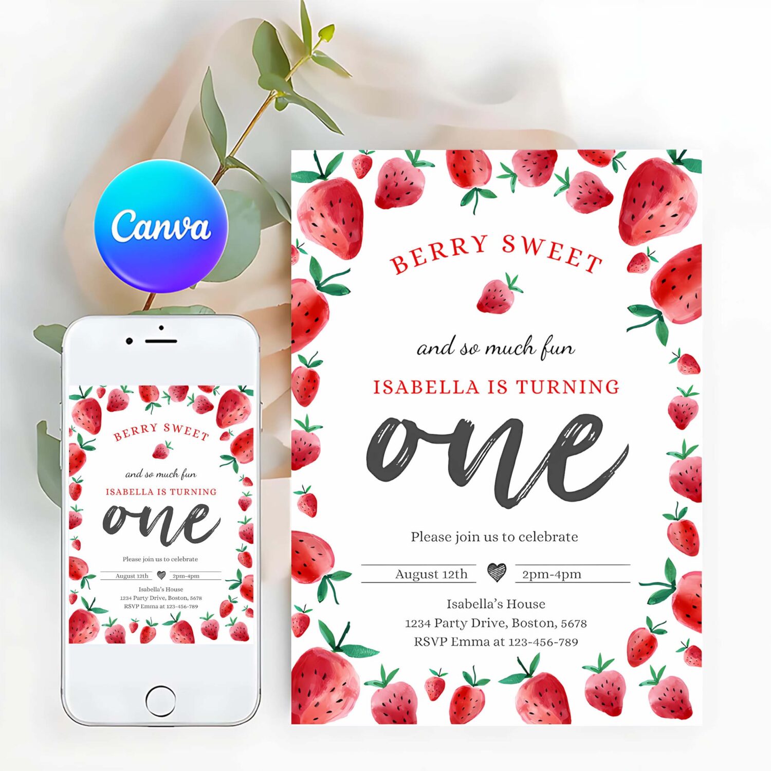Editable strawberry 1st birthday invitation berry sweet 1st birthday invitation summer fruit berries 1st birthday party
