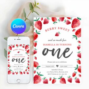 Strawberry Invitation, Strawberry 1st Birthday, Birthday Invitation