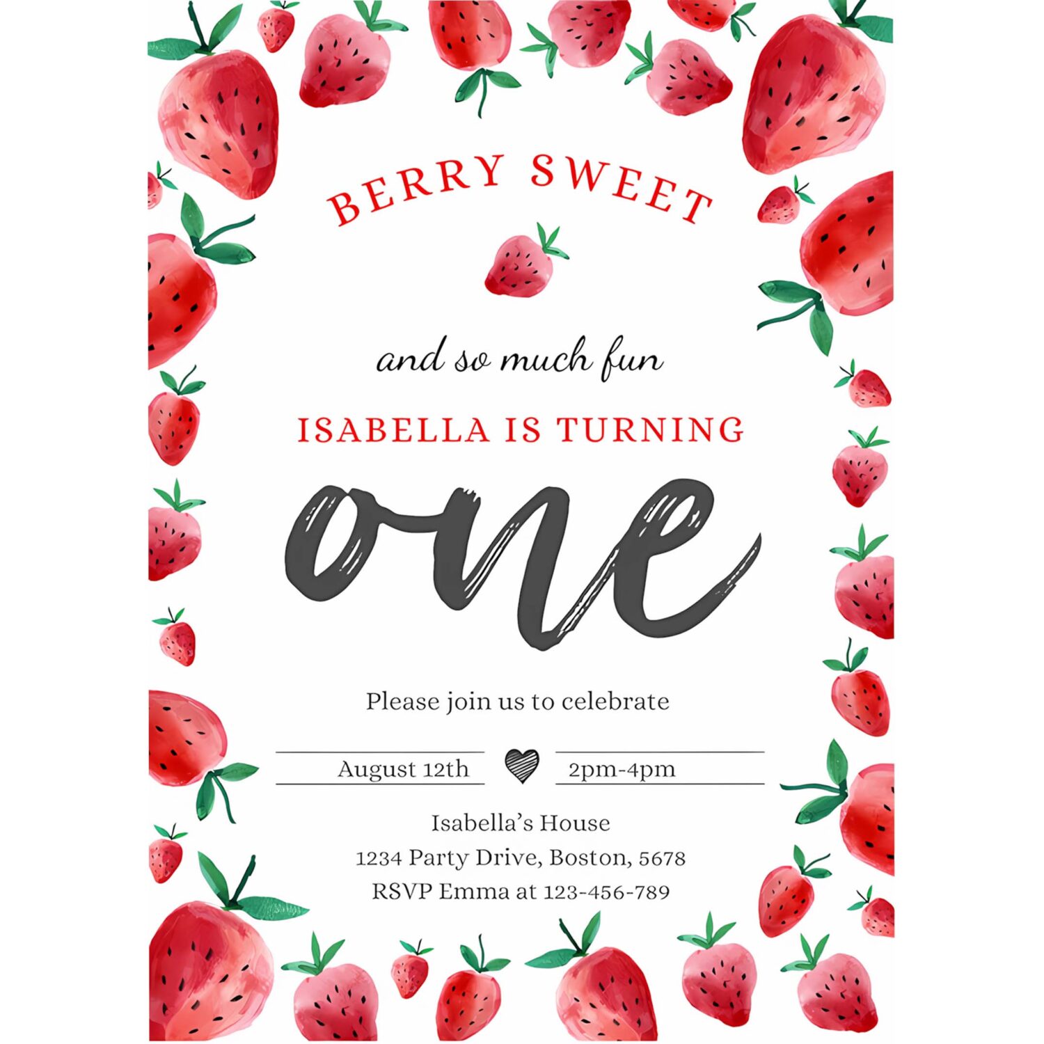 Editable strawberry 1st birthday invitation berry sweet 1st birthday invitation summer fruit berries 1st birthday party 4