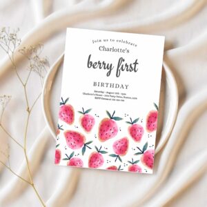 Editable strawberry 1st birthday invite berry first birthday invitation summer berries 1st birthday berry sweet 1