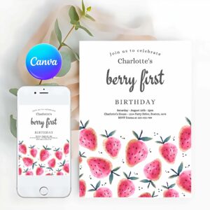 Strawberry Invitation, Strawberry 1st Birthday, Birthday Invitation