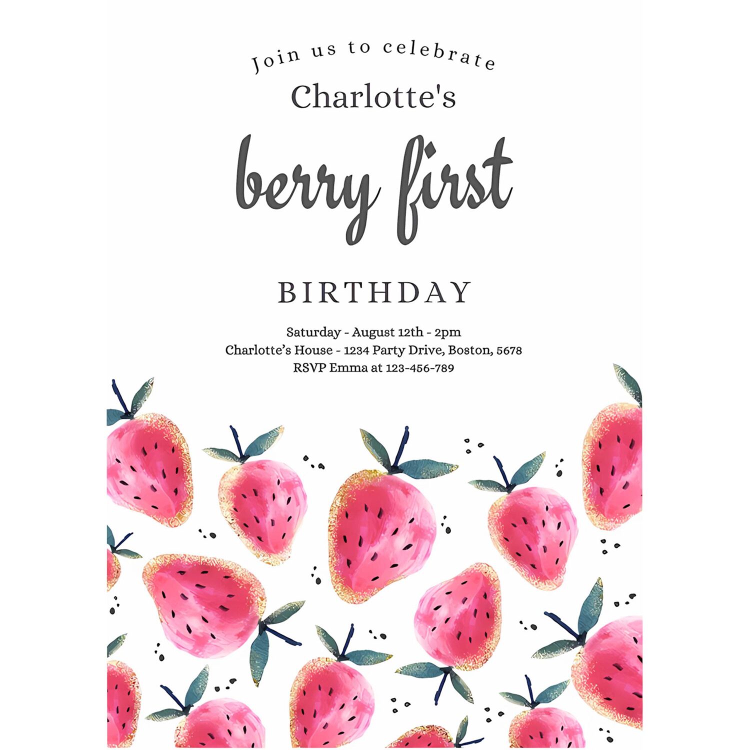 Editable strawberry 1st birthday invite berry first birthday invitation summer berries 1st birthday berry sweet 4
