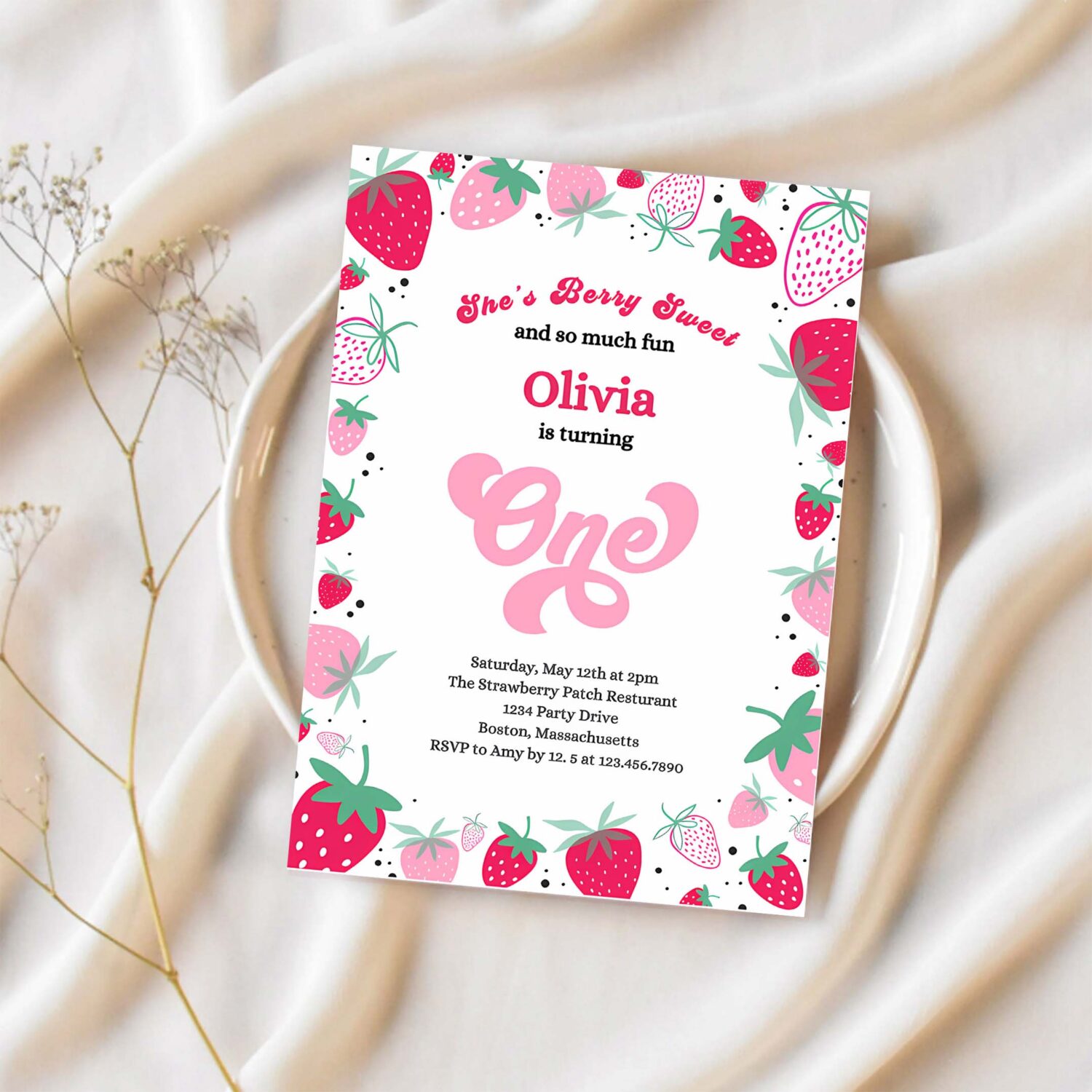 Editable strawberry 1st birthday party invitation berry first birthday invitation summer berries 1st birthday berry sweet 1
