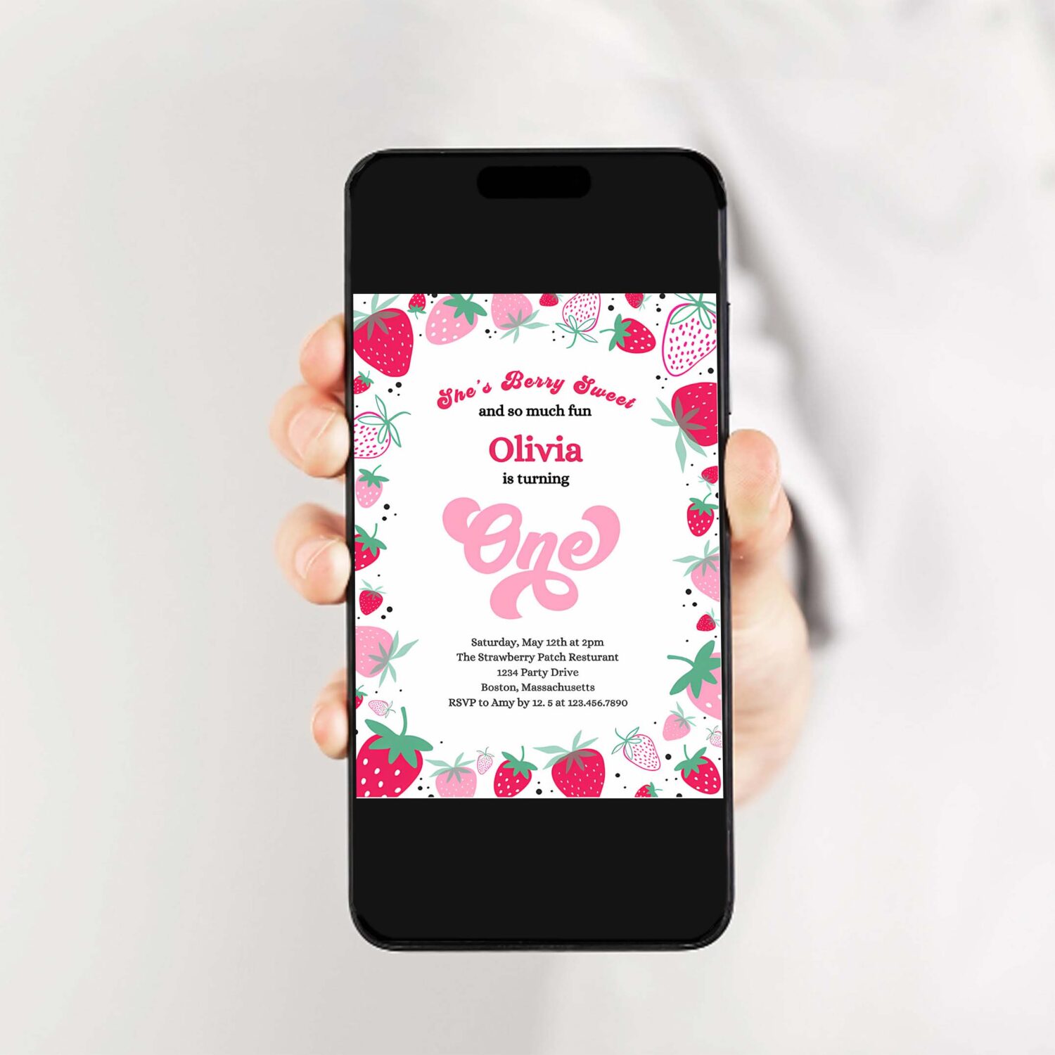 Editable strawberry 1st birthday party invitation berry first birthday invitation summer berries 1st birthday berry sweet 2