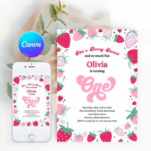 Strawberry Invitation, Strawberry 1st Birthday, Birthday Party Invitation