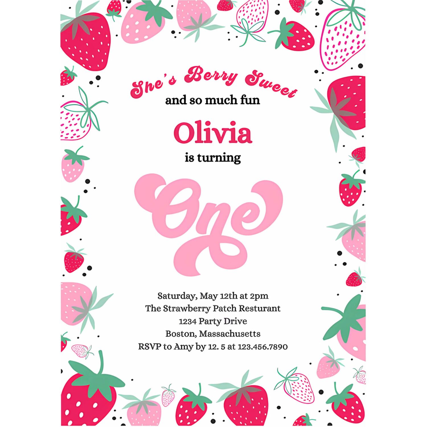 Editable strawberry 1st birthday party invitation berry first birthday invitation summer berries 1st birthday berry sweet 4