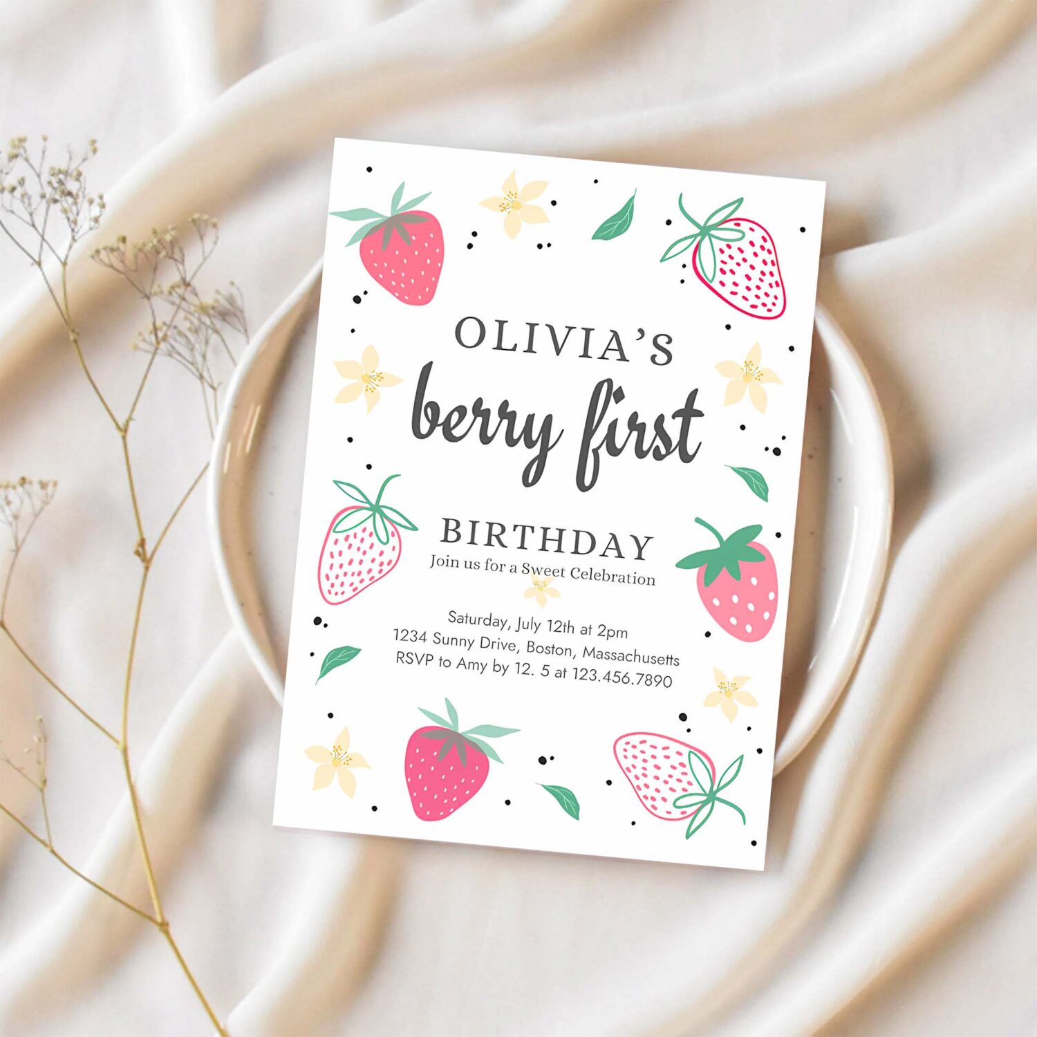 Editable strawberry 1st birthday party invite berry first birthday invitation summer berries 1st birthday berry sweet 1