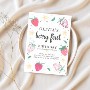 Editable strawberry 1st birthday party invite berry first birthday invitation summer berries 1st birthday berry sweet 1