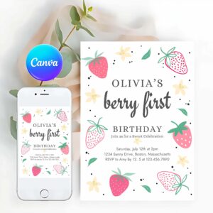 Strawberry Invitation, Strawberry 1st Birthday, Birthday Party Invitation