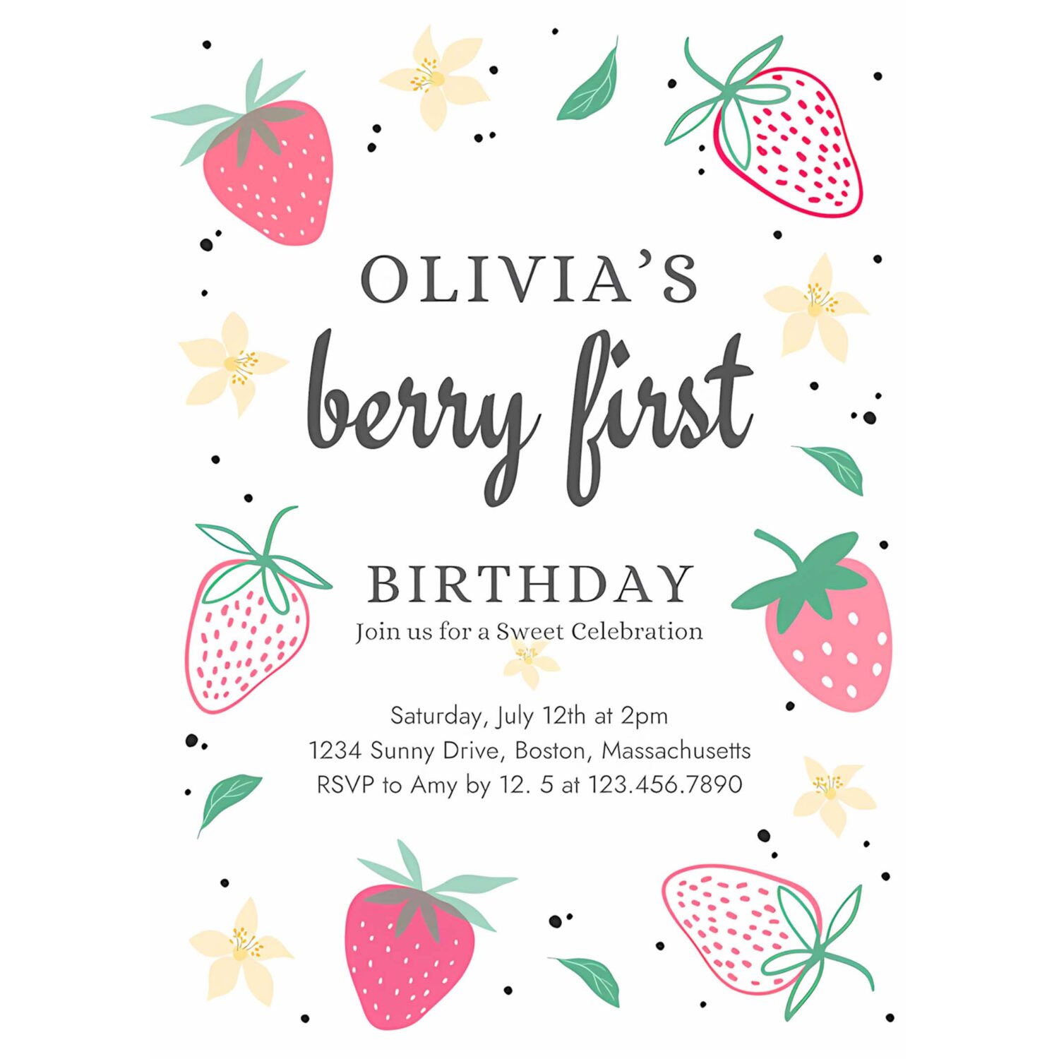 Editable strawberry 1st birthday party invite berry first birthday invitation summer berries 1st birthday berry sweet 4
