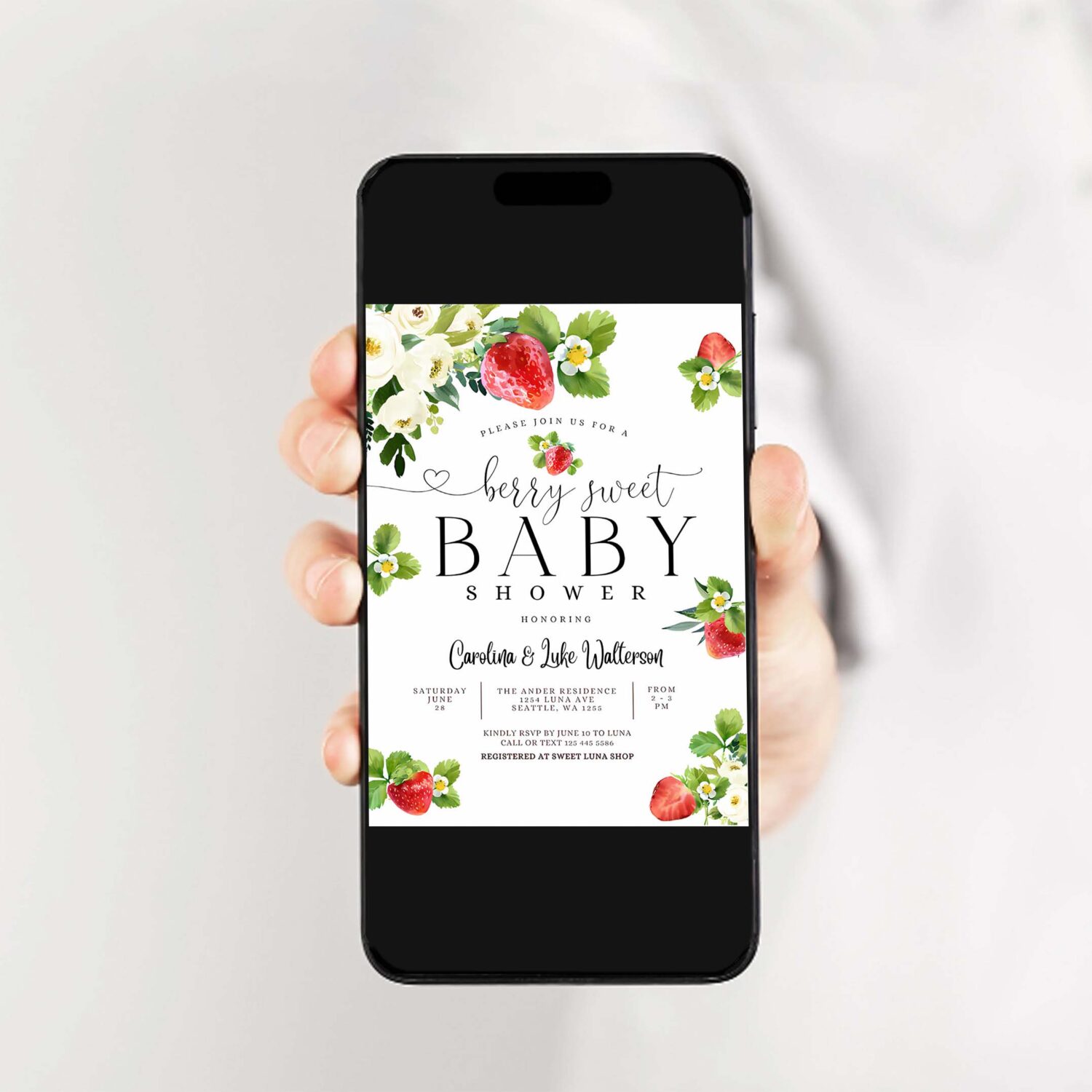 Editable strawberry baby shower invitation berry sweet baby shower invite berry sweet baby shower invite printable 2