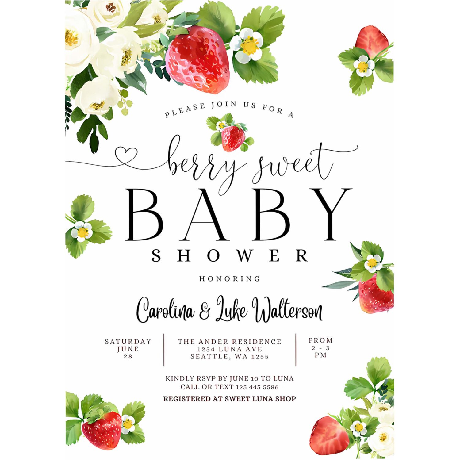Editable strawberry baby shower invitation berry sweet baby shower invite berry sweet baby shower invite printable 4