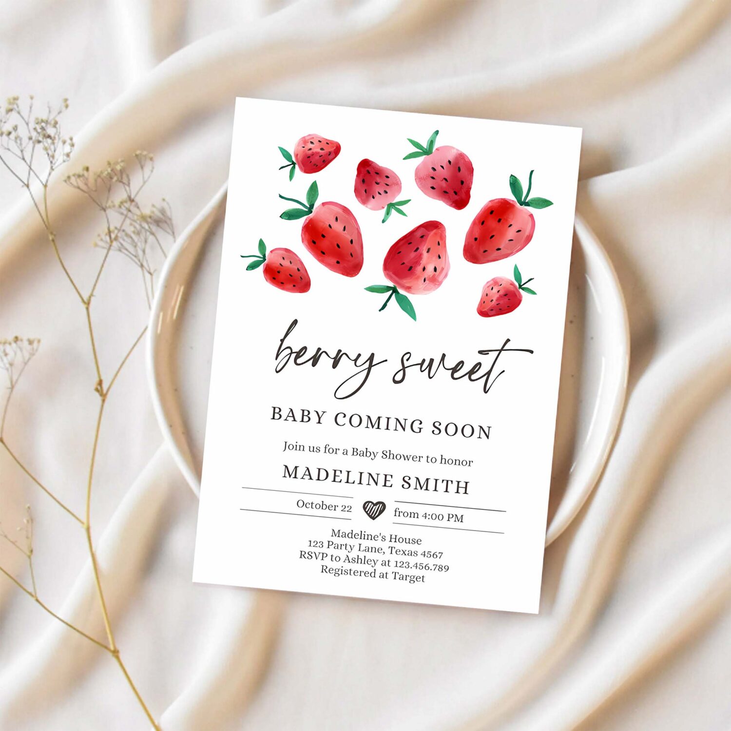 Editable strawberry baby shower invitation cute berry sweet baby girl strawberries summer download printable template corjl digital 0399 1