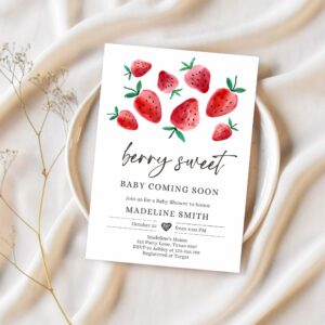 Editable strawberry baby shower invitation cute berry sweet baby girl strawberries summer download printable template corjl digital 0399 1