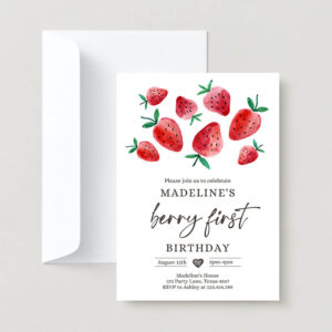 Editable strawberry birthday first birthday berry sweet girl cute strawberries 1st download printable template corjl digital 0399 2