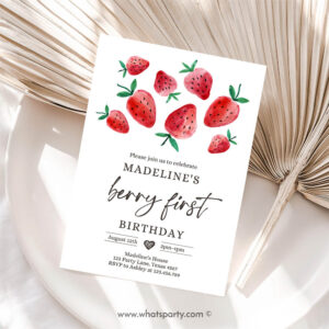Berry First Invitation, Strawberry Birthday, First Birthday, Birthday Berry Sweet Girl Cute Strawberries 1st Birthday Invitation