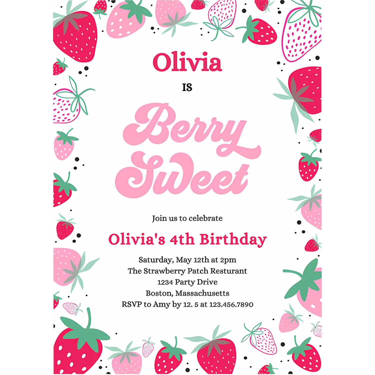 Editable strawberry birthday invitation berry sweet birthday invitation summer berries any age berry sweet party 4