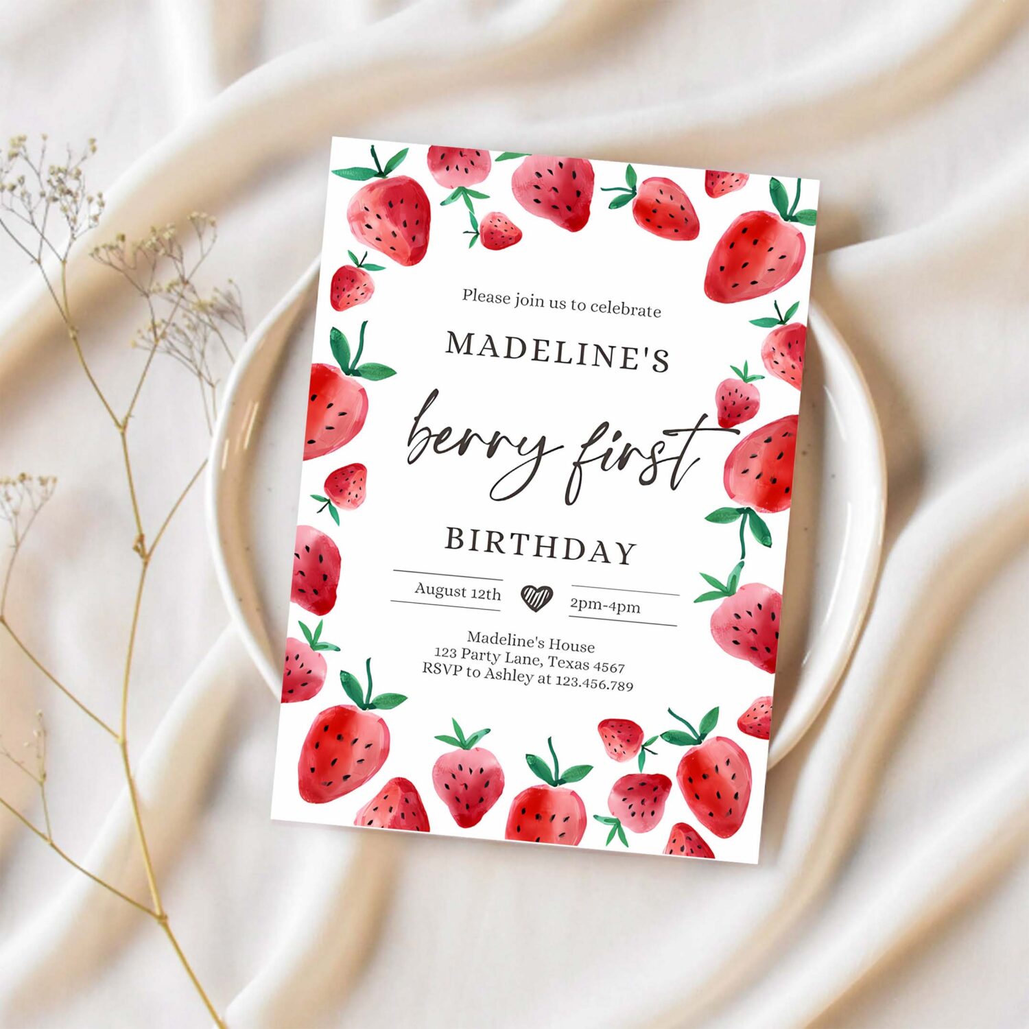 Editable strawberry birthday invitation first birthday berry sweet girl cute strawberries 1st download printable template corjl digital 0399 1