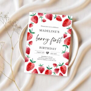 Editable strawberry birthday invitation first birthday berry sweet girl cute strawberries 1st download printable template corjl digital 0399 1