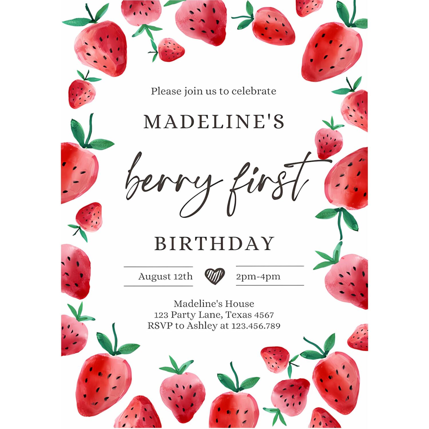 Editable strawberry birthday invitation first birthday berry sweet girl cute strawberries 1st download printable template corjl digital 0399 4