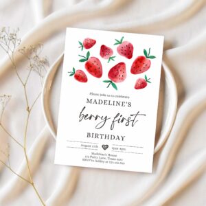 Editable strawberry birthday invitation first birthday berry sweet girl cute strawberries 1st party invitation 1