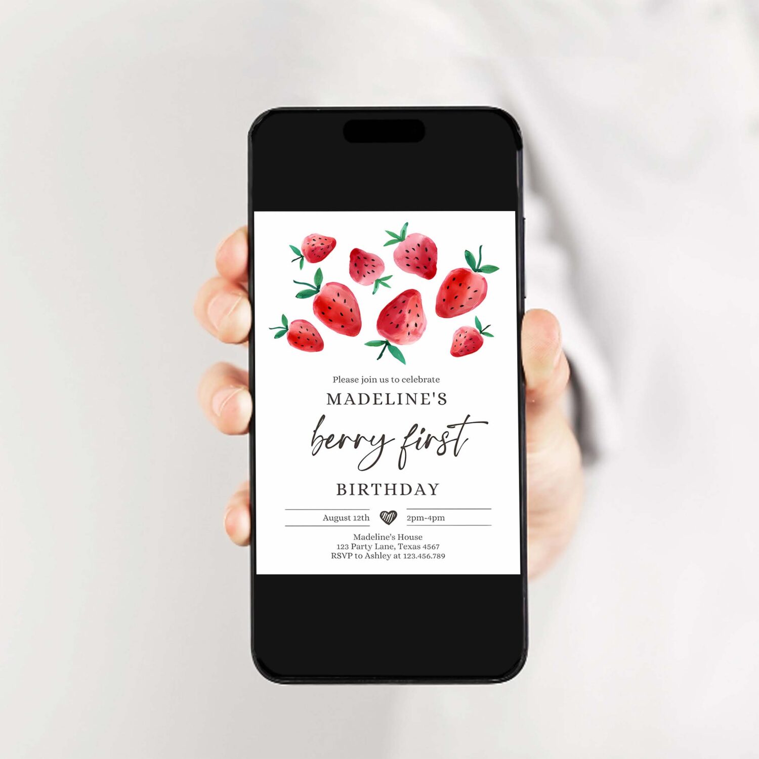 Editable strawberry birthday invitation first birthday berry sweet girl cute strawberries 1st party invitation 2