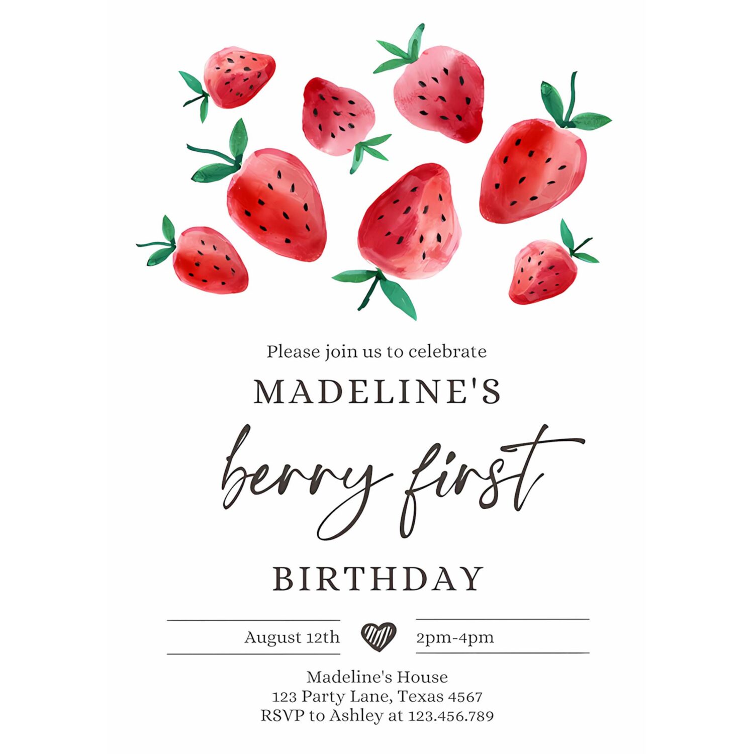 Editable strawberry birthday invitation first birthday berry sweet girl cute strawberries 1st party invitation 4