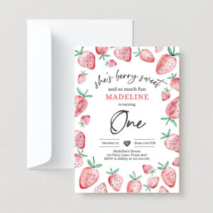 Editable strawberry birthday party first birthday berry sweet girl cute strawberries 1st download printable template corjl digital 0399 2