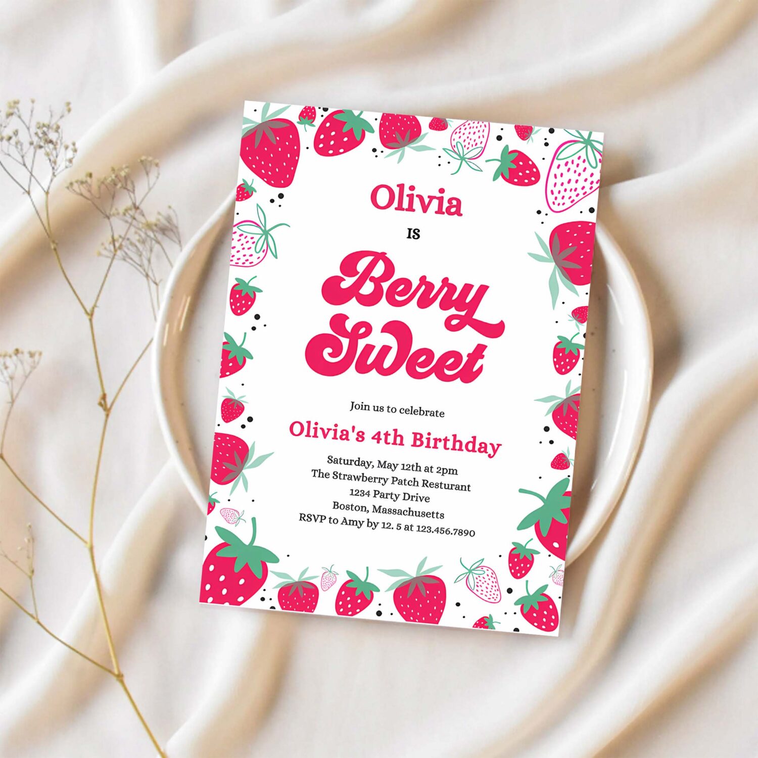 Editable strawberry birthday party invitation berry sweet birthday invitation summer berries any age berry sweet party 1