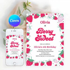Strawberry Invitation, Strawberry Birthday Party Invitation