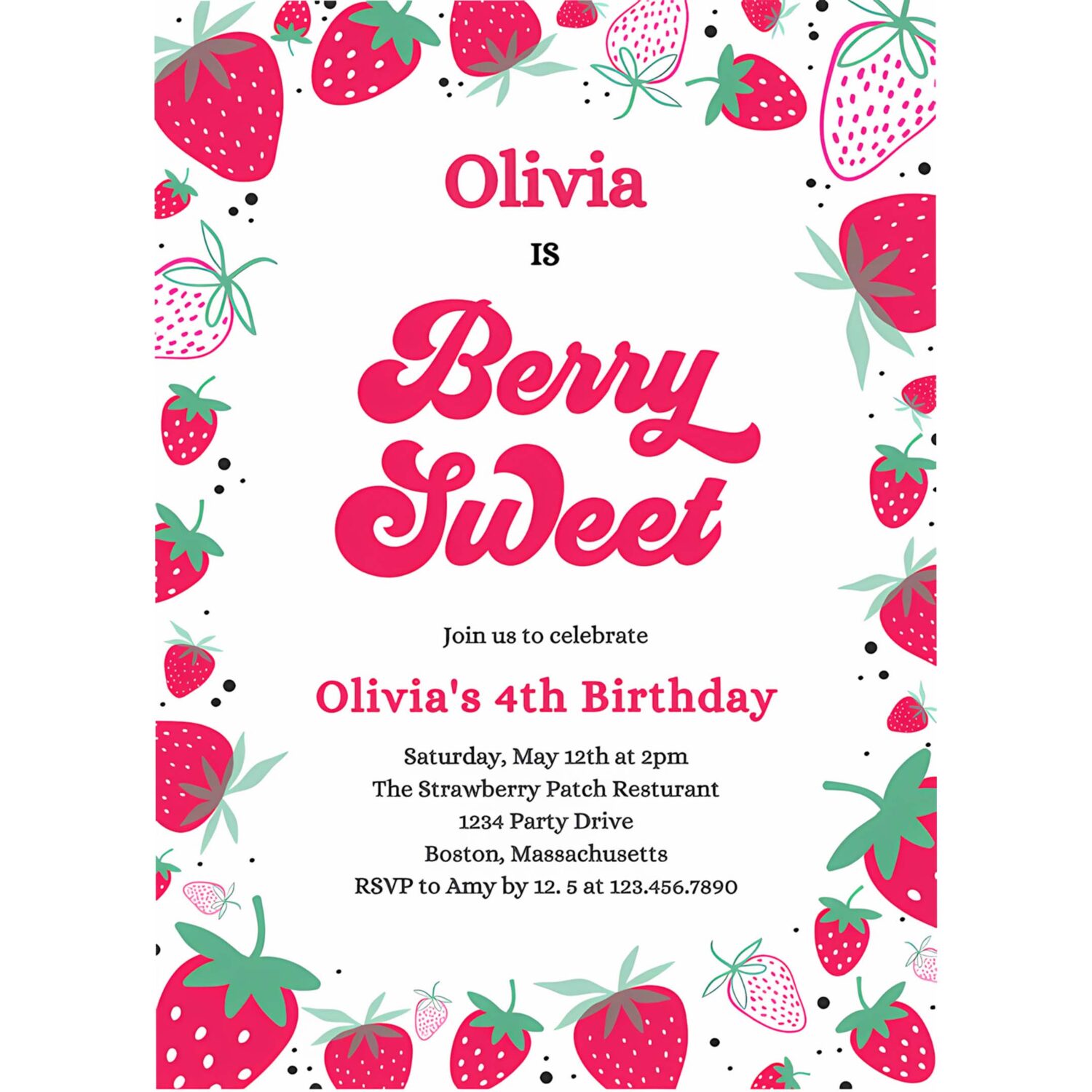 Editable strawberry birthday party invitation berry sweet birthday invitation summer berries any age berry sweet party 4